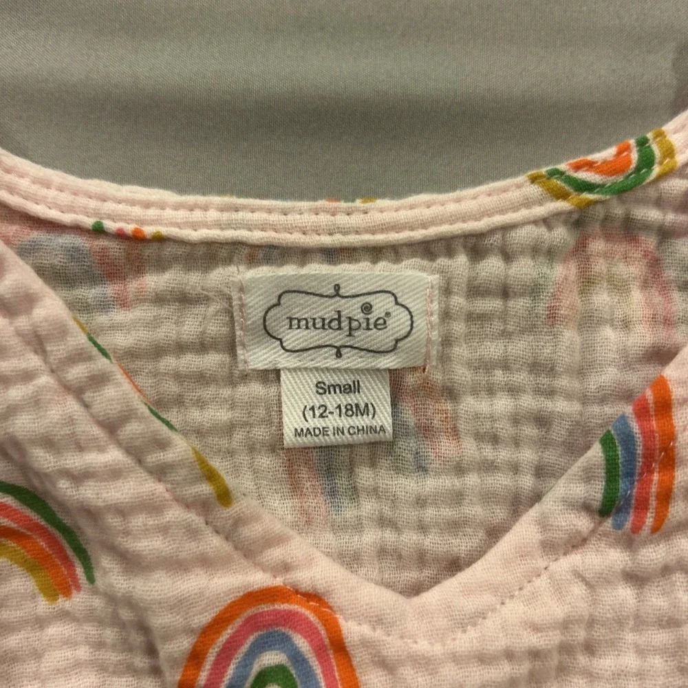 Mud Pie Baby Girls Dress 12–18M‎ Pink Rainbows Muslin Cotton Pom Trim Summer